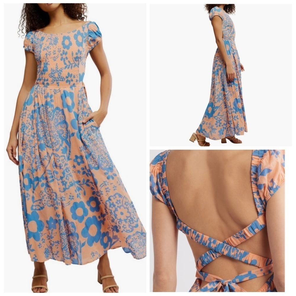NWT Free People Ultraviolet Backless Floral Dress - Blue and Peach Size Medium 8